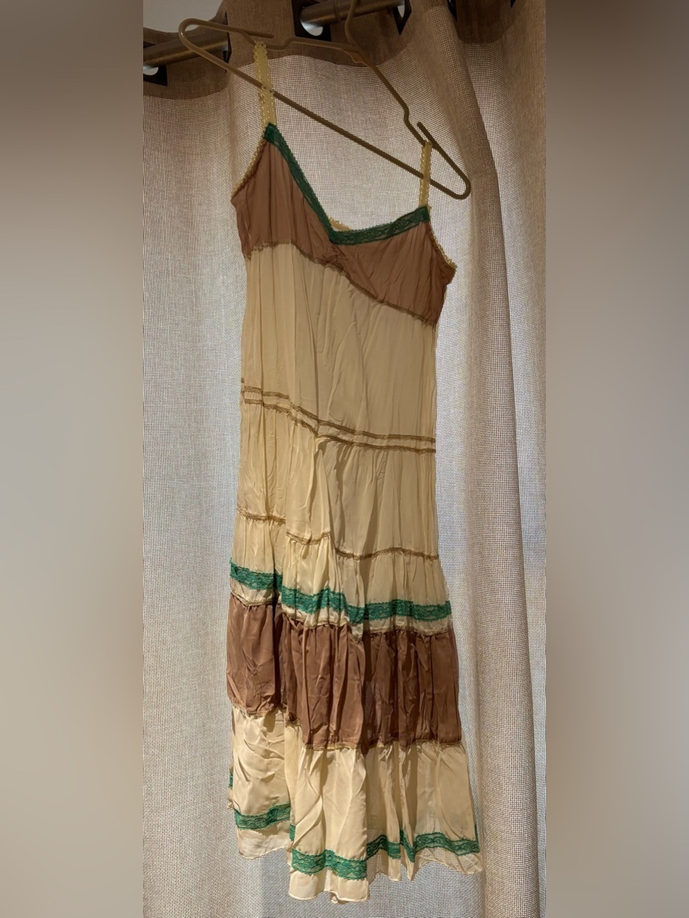 Vintage Y2K Bohemian Cream and Brown Tiered Slip Dress with Green Trim